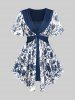 Crochet Blue And White Porcelain Floral Printed Pleated Twist Ruched 2 In 1 Top and Contrast Lace Panel Leggings with Pocket Plus Size Outfit -  