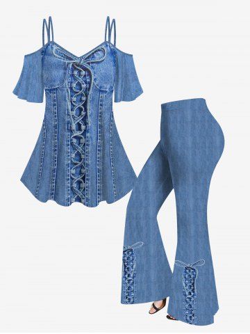 Lace Up Bowknot Denim 3D Printed Cold Shoulder T-shirt and Flare Pants Plus Size 70s 80s Outfit - BLUE GRAY