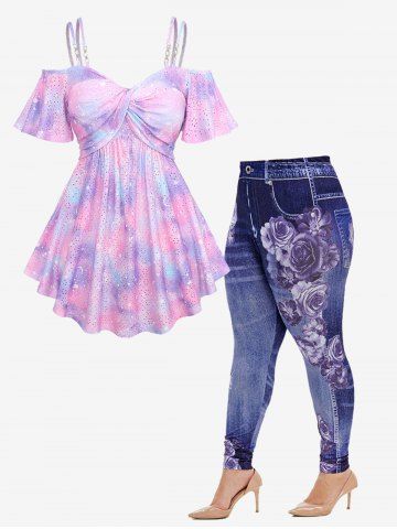 Ombre Tie Dye Galaxy Moon Star Printed Twist Chains Hollow Out Cold Shoulder Top and High Rise Floral Gym 3D Jeggings Plus Size Outfit - PURPLE