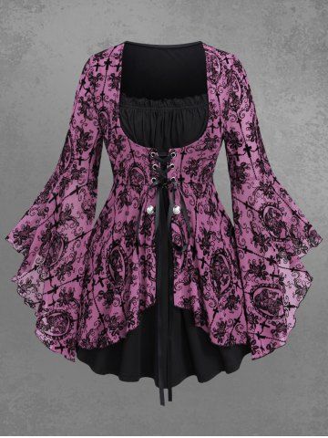 Gothic Bell Sleeves Cross Floral Mesh Flocking Lace Up Ruched Ruffles 2 in 1 Long Sleeves Top - LIGHT PINK - 1X | US 14-16