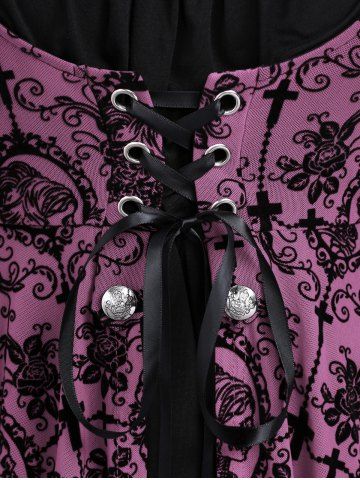 Gothic Bell Sleeves Cross Floral Mesh Flocking Lace Up Ruched Ruffles 2 in 1 Long Sleeves Top