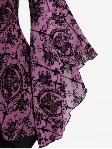 Gothic Bell Sleeves Cross Floral Mesh Flocking Lace Up Ruched Ruffles 2 in 1 Long Sleeves Top