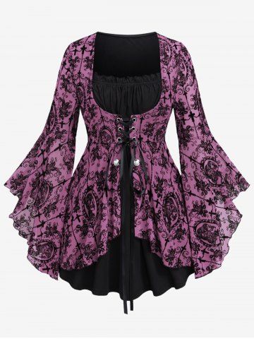 Gothic Bell Sleeves Cross Floral Mesh Flocking Lace Up Ruched Ruffles 2 in 1 Long Sleeves Top