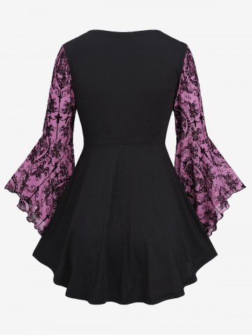 Gothic Bell Sleeves Cross Floral Mesh Flocking Lace Up Ruched Ruffles 2 in 1 Long Sleeves Top