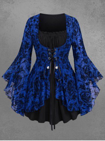 Gothic Bell Sleeves Cross Floral Mesh Flocking Lace Up Ruched Ruffles 2 in 1 Long Sleeves Top - BLUE - L | US 12