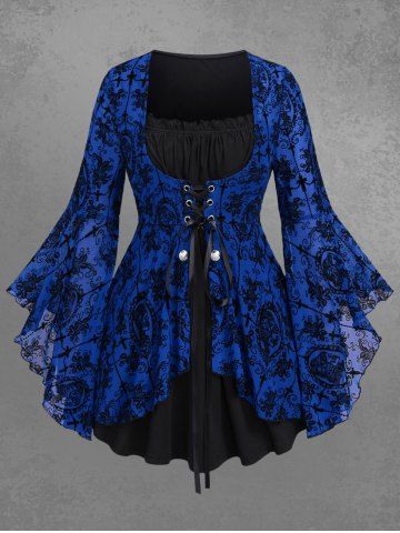 Gothic Bell Sleeves Cross Floral Mesh Flocking Lace Up Ruched Ruffles 2 in 1 Long Sleeves Top - BLUE - 1X | US 14-16