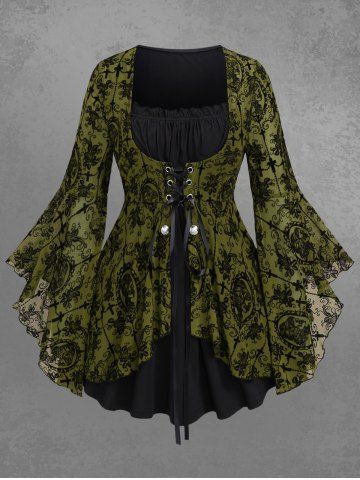 Gothic Bell Sleeves Cross Floral Mesh Flocking Lace Up Ruched Ruffles 2 in 1 Long Sleeves Top - DEEP GREEN - 2X | US 18-20