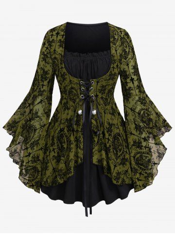 Gothic Bell Sleeves Cross Floral Mesh Flocking Lace Up Ruched Ruffles 2 in 1 Long Sleeves Top