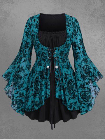 Gothic Bell Sleeves Cross Floral Mesh Flocking Lace Up Ruched Ruffles 2 in 1 Long Sleeves Top - SKY BLUE - 2X | US 18-20