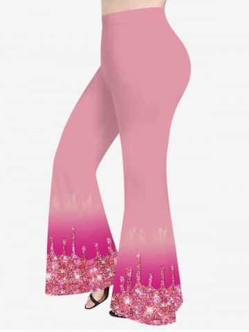 Plus Size Glitter Sparkling Sequins Paint Drop Print Ombre Pull On Flare Pants - LIGHT PINK - XS