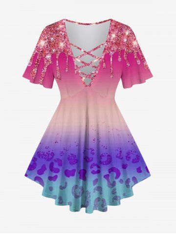 Plus Size Glitter Sparkling Sequins Paint Drop Colorblock Print Ombre Lattice T-shirt - LIGHT PINK - XS