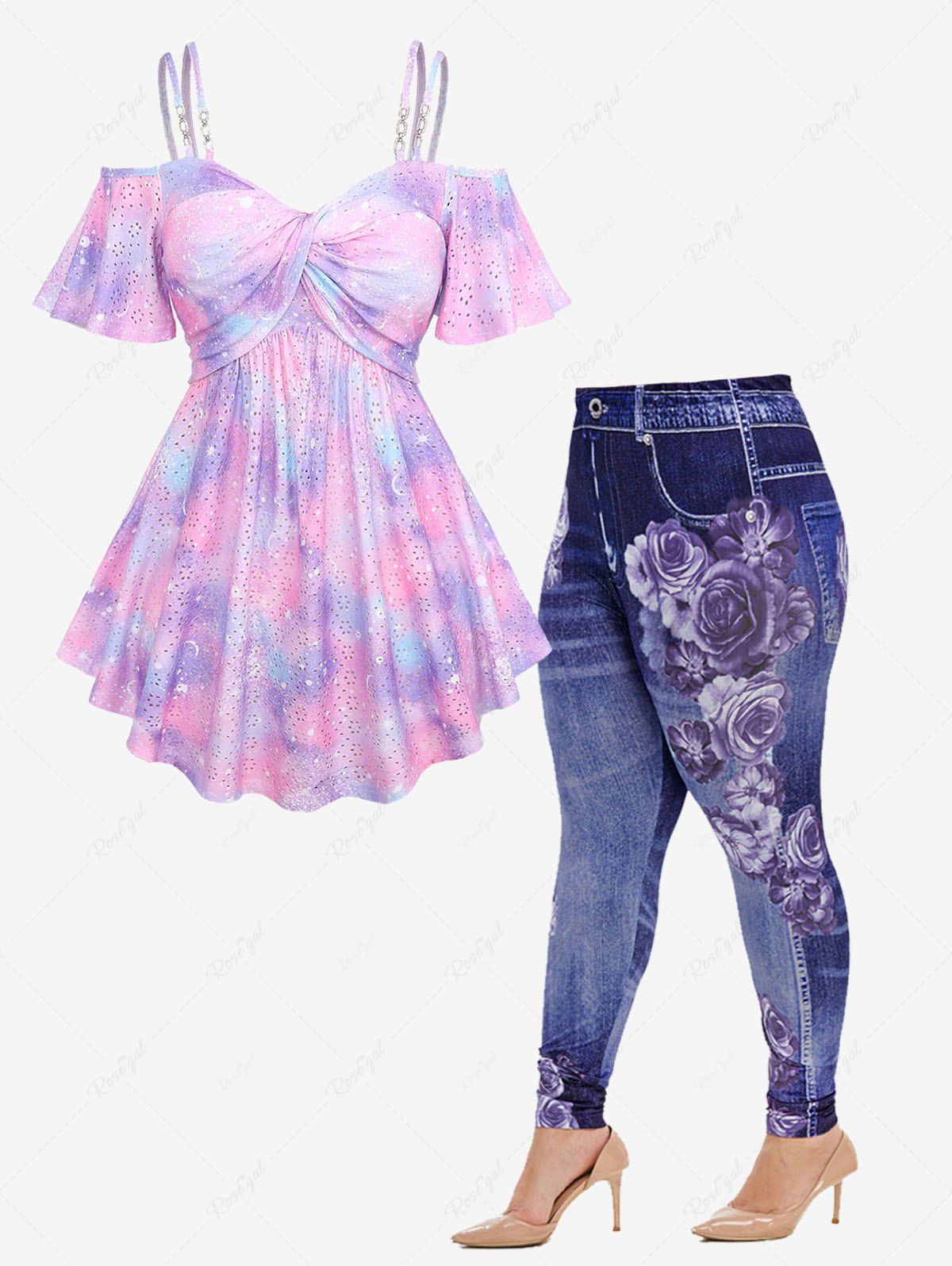 Shop Ombre Tie Dye Galaxy Moon Star Printed Twist Chains Hollow Out Cold Shoulder Top and High Rise Floral Gym 3D Jeggings Plus Size Outfit  