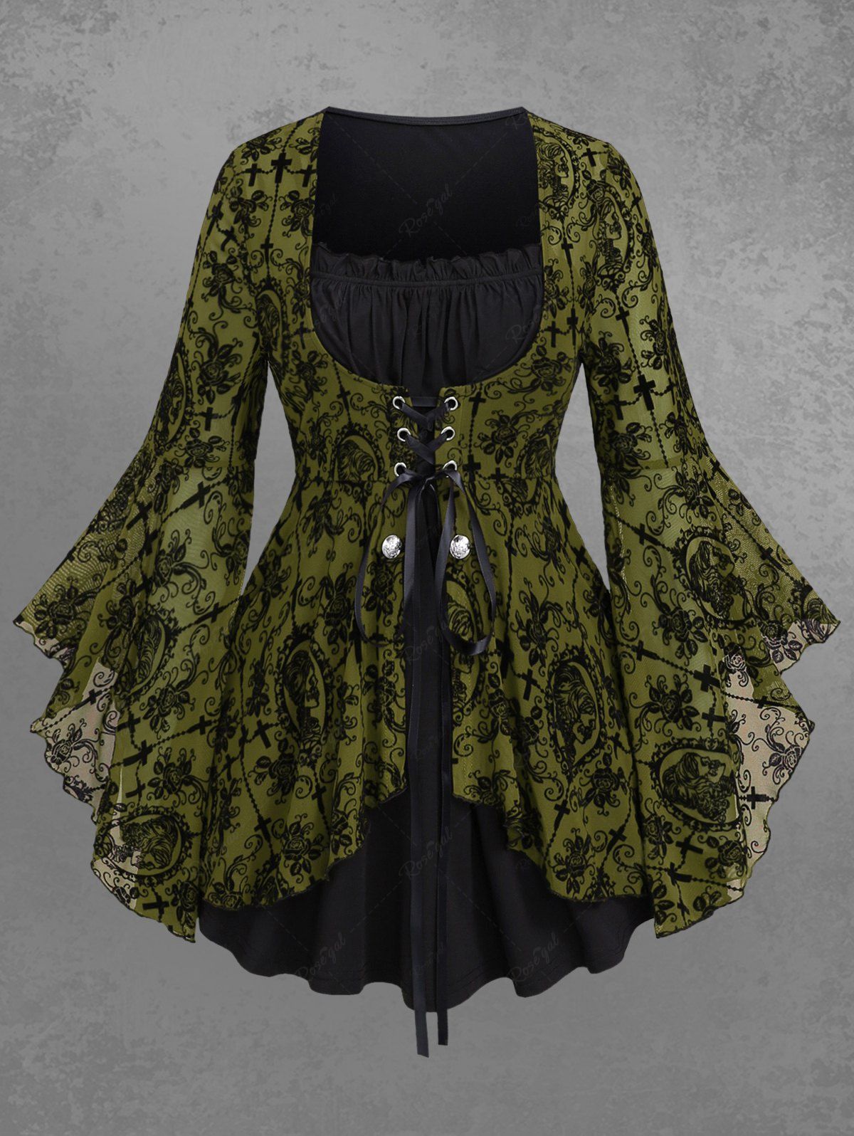 Shops Gothic Bell Sleeves Cross Floral Mesh Flocking Lace Up Ruched Ruffles 2 in 1 Long Sleeves Top  