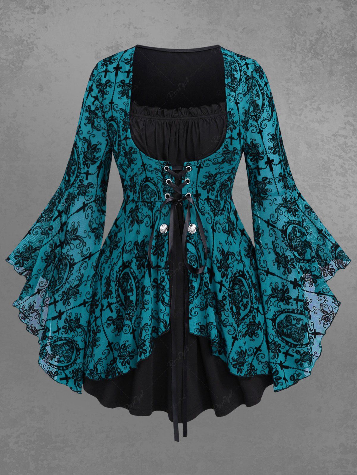 Chic Gothic Bell Sleeves Cross Floral Mesh Flocking Lace Up Ruched Ruffles 2 in 1 Long Sleeves Top  