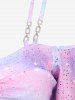 Ombre Tie Dye Galaxy Moon Star Printed Twist Chains Hollow Out Cold Shoulder Top and High Rise Floral Gym 3D Jeggings Plus Size Outfit -  
