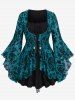 Gothic Bell Sleeves Cross Floral Mesh Flocking Lace Up Ruched Ruffles 2 in 1 Long Sleeves Top -  