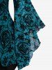Gothic Bell Sleeves Cross Floral Mesh Flocking Lace Up Ruched Ruffles 2 in 1 Long Sleeves Top -  