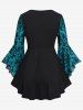 Gothic Bell Sleeves Cross Floral Mesh Flocking Lace Up Ruched Ruffles 2 in 1 Long Sleeves Top -  