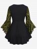 Gothic Bell Sleeves Cross Floral Mesh Flocking Lace Up Ruched Ruffles 2 in 1 Long Sleeves Top -  