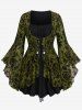 Gothic Bell Sleeves Cross Floral Mesh Flocking Lace Up Ruched Ruffles 2 in 1 Long Sleeves Top -  