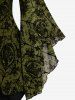 Gothic Bell Sleeves Cross Floral Mesh Flocking Lace Up Ruched Ruffles 2 in 1 Long Sleeves Top -  