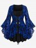 Gothic Bell Sleeves Cross Floral Mesh Flocking Lace Up Ruched Ruffles 2 in 1 Long Sleeves Top -  