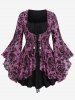 Gothic Bell Sleeves Cross Floral Mesh Flocking Lace Up Ruched Ruffles 2 in 1 Long Sleeves Top -  