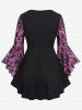 Gothic Bell Sleeves Cross Floral Mesh Flocking Lace Up Ruched Ruffles 2 in 1 Long Sleeves Top -  