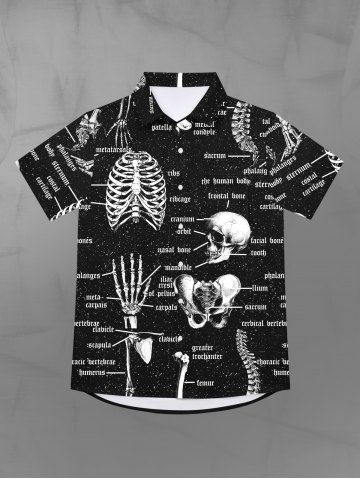 Gothic Turn-down Collar Skull Skeleton Structure Galaxy Letters Print Buttons Pocket Shirt For Men - BLACK - XL