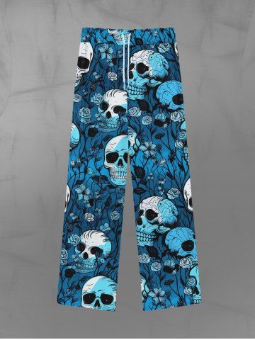 Gothic Skulls Rose Flower Leaf Colorblock Print Drawstring Wide Leg Sweatpants For Men - BLUE - L