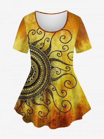 Plus Size Ombre Colorblock Paisley Sunflower Graphic Print T-shirt - ORANGE - S