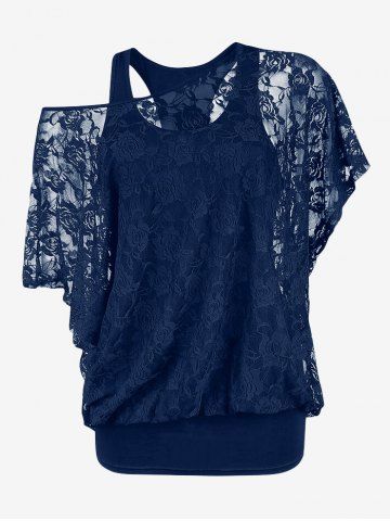 Plus Size Skew Neck Sheer Lace Blouse and Racerback Tank Top - MIDNIGHT BLUE - M | US 10