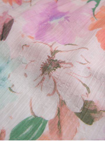 Plus Size Flower Watercolor Print Lace Trim Ruched Twist Ribbed Textured 2 In 1 Top