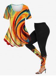 Oil Painting Stripes Colorblock Swirls Printed T-shirt and Leggings Plus Size Matching Set -  