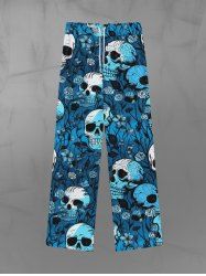Pantalon de Survêtement Gothique en Blocs de Couleurs Rose Feuille Imprimés à Jambe Large à Cordon pour Homme - Bleu 8XL