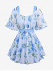 Haut Ombré Fleur Feuille Imprimée Epaule Dénudée Grande Taille à Manches Bouffantes à Paillettes à Volants - Bleu L | US 12