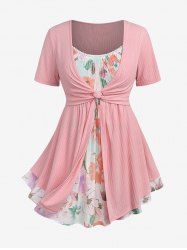 Plus Size Flower Watercolor Print Lace Trim Ruched Twist Ribbed Textured 2 In 1 Top -  