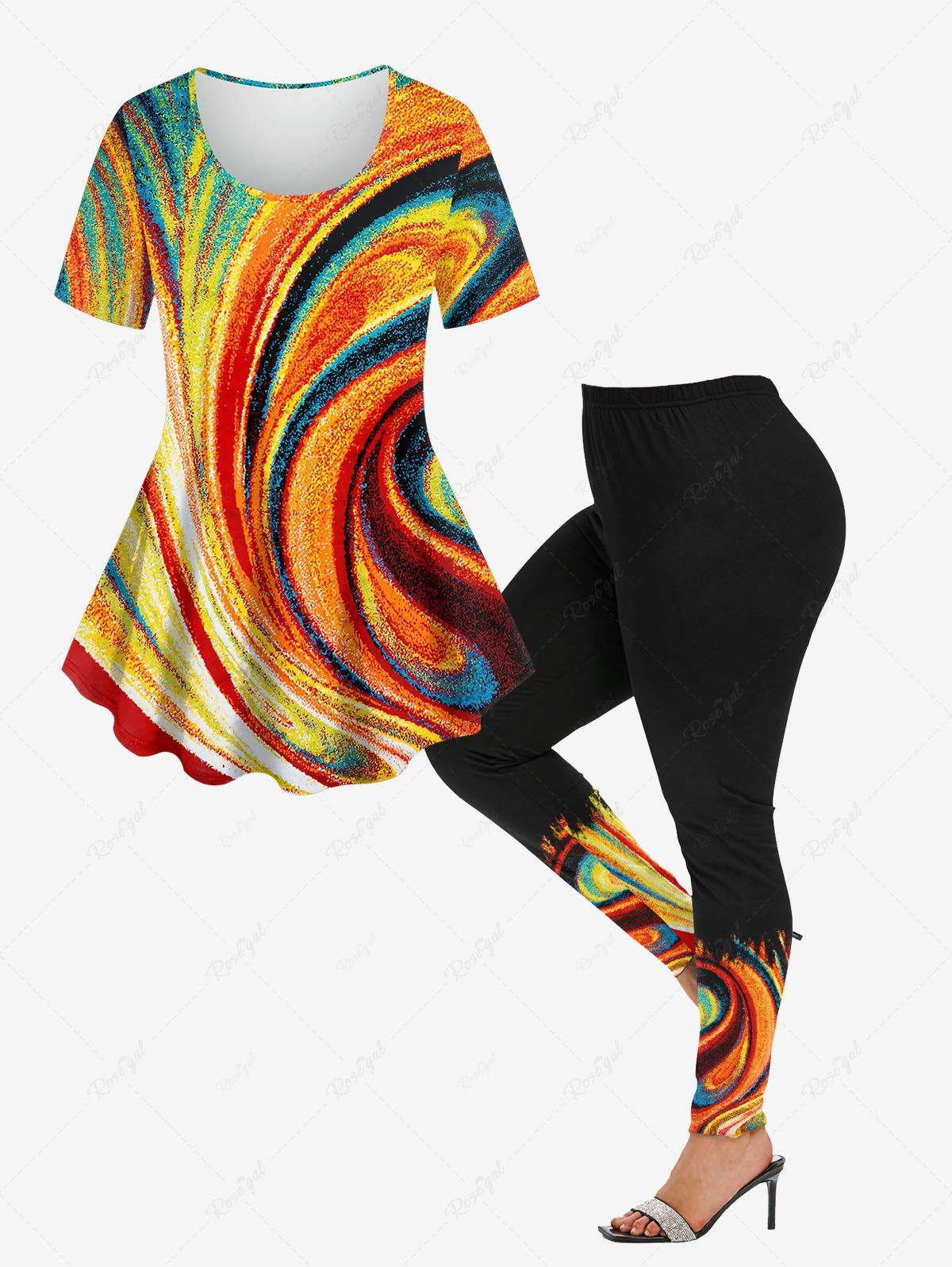 Latest Oil Painting Stripes Colorblock Swirls Printed T-shirt and Leggings Plus Size Matching Set  