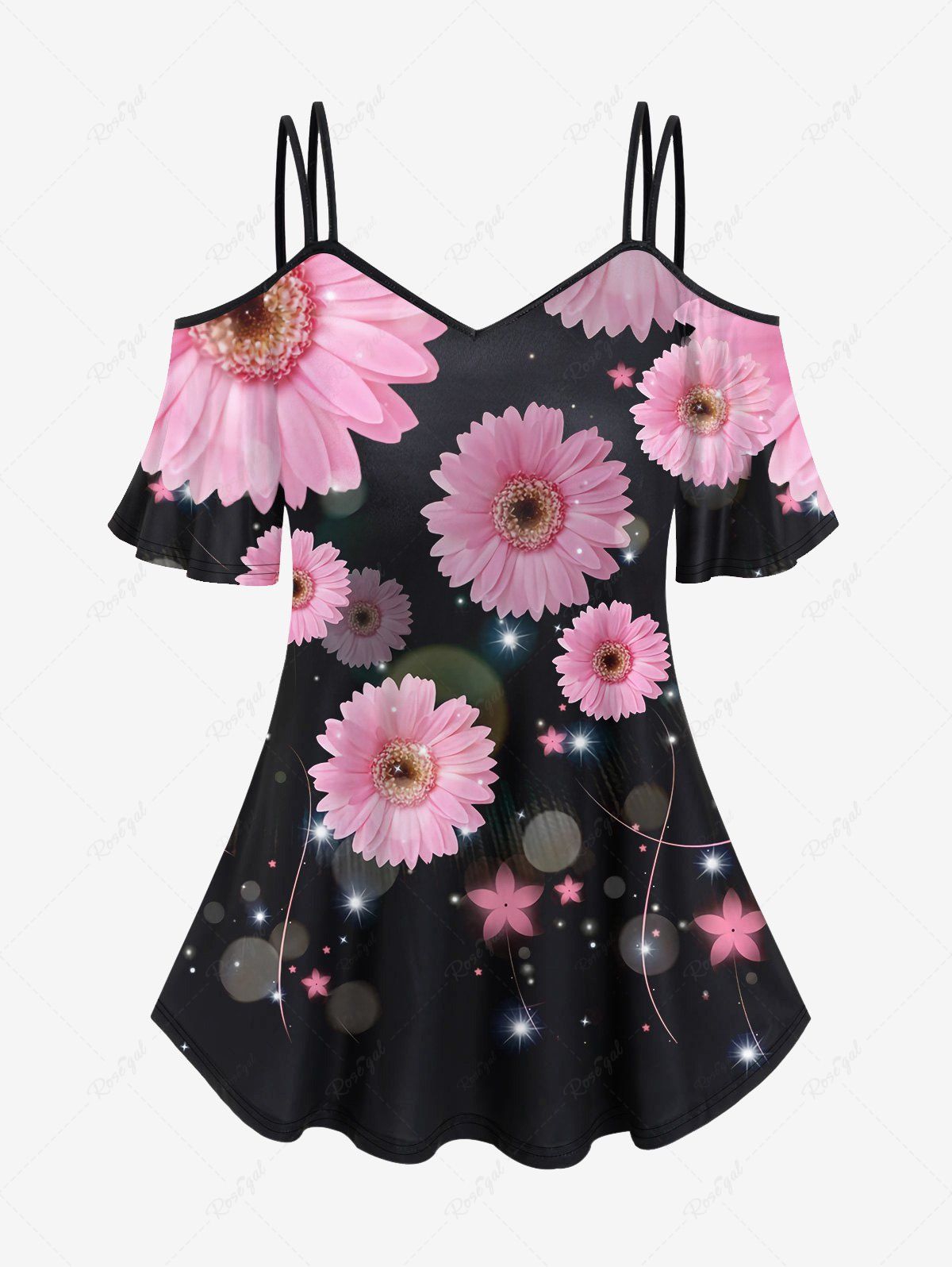 Buy Plus Size Sunflower Glitter Star Moon Galaxy Print Cold Shoulder Cami T-shirt  