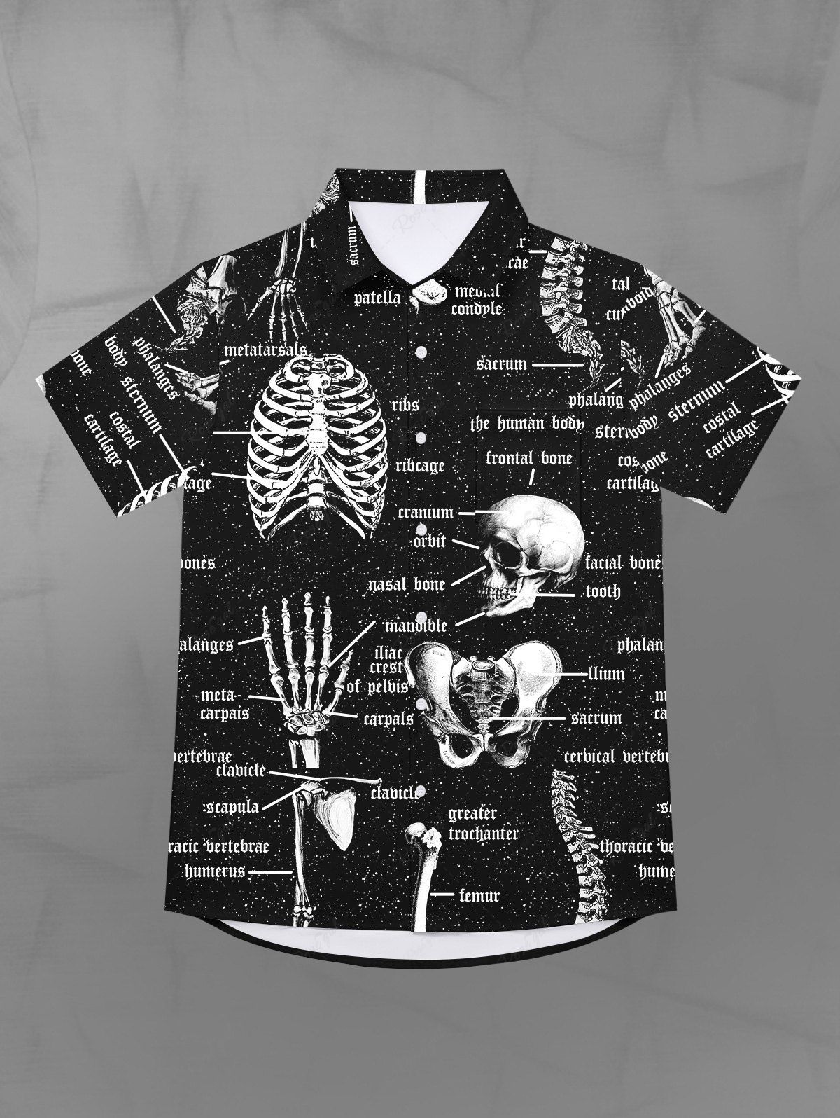 Unique Gothic Turn-down Collar Skull Skeleton Structure Galaxy Letters Print Buttons Pocket Shirt For Men  
