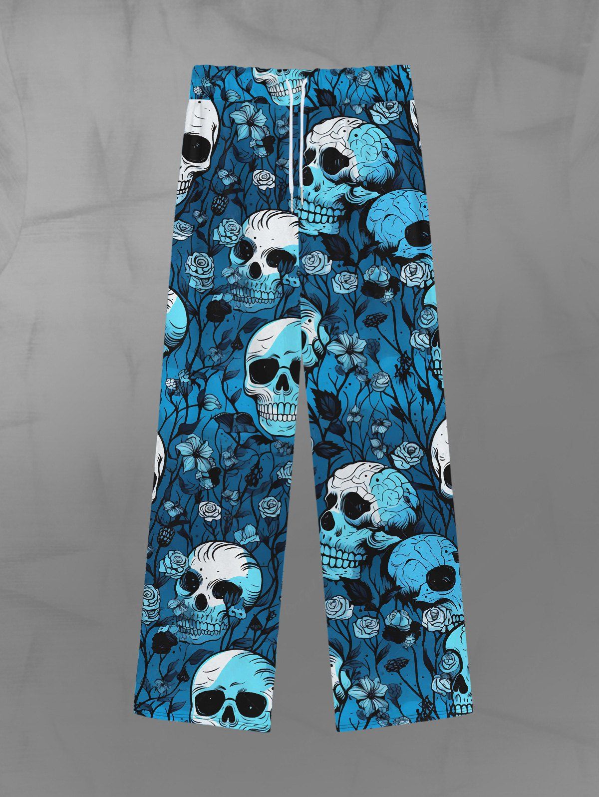 Pantalon de Survêtement Gothique en Blocs de Couleurs Rose Feuille Imprimés à Jambe Large à Cordon pour Homme Bleu 2XL