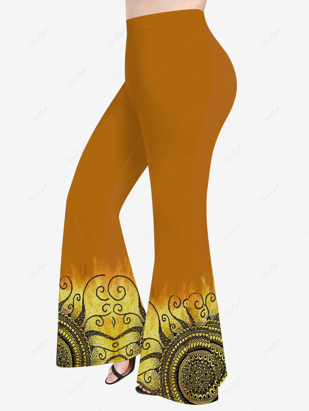 Pantalon Evasé Fleuri Graphique Imprimé en Blocs de Couleurs de Grande Taille Orange M