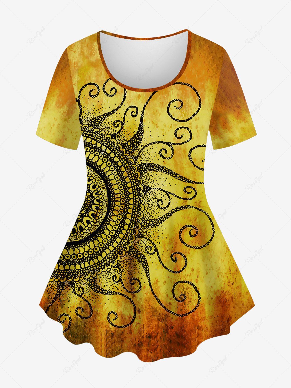 Discount Plus Size Ombre Colorblock Paisley Sunflower Graphic Print T-shirt  
