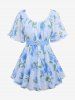 Haut Ombré Fleur Feuille Imprimée Epaule Dénudée Grande Taille à Manches Bouffantes à Paillettes à Volants - Bleu 3X | US 22-24