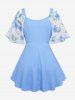 Haut Ombré Fleur Feuille Imprimée Epaule Dénudée Grande Taille à Manches Bouffantes à Paillettes à Volants - Bleu 3X | US 22-24