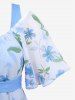 Haut Ombré Fleur Feuille Imprimée Epaule Dénudée Grande Taille à Manches Bouffantes à Paillettes à Volants - Bleu 3X | US 22-24