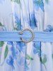 Haut Ombré Fleur Feuille Imprimée Epaule Dénudée Grande Taille à Manches Bouffantes à Paillettes à Volants - Bleu 3X | US 22-24
