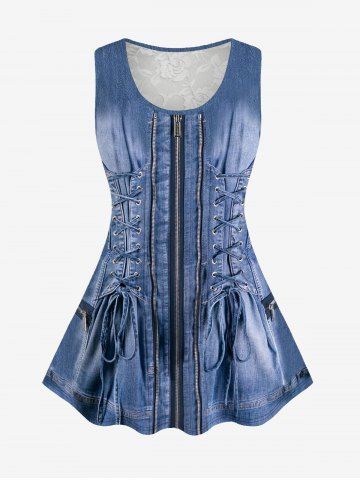 Plus Size Grommets Lace-up Zippers Denim 3D Print Rose Flower Lace Back Tank Top - BLUE - M