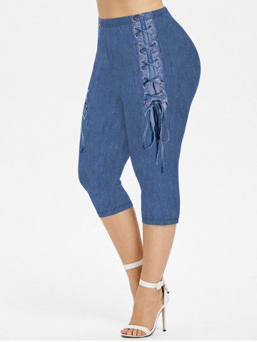 Plus Size Grommets Lace Up Denim 3D Print Capri Leggings - BLUE - 5X