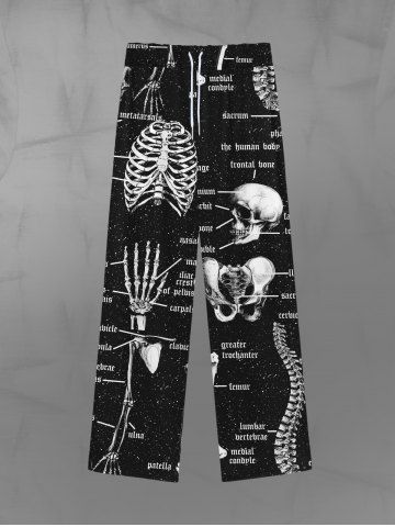 Gothic Skull Skeleton Structure Galaxy Letters Print Drawstring Wide Leg Sweatpants For Men - BLACK - 7XL